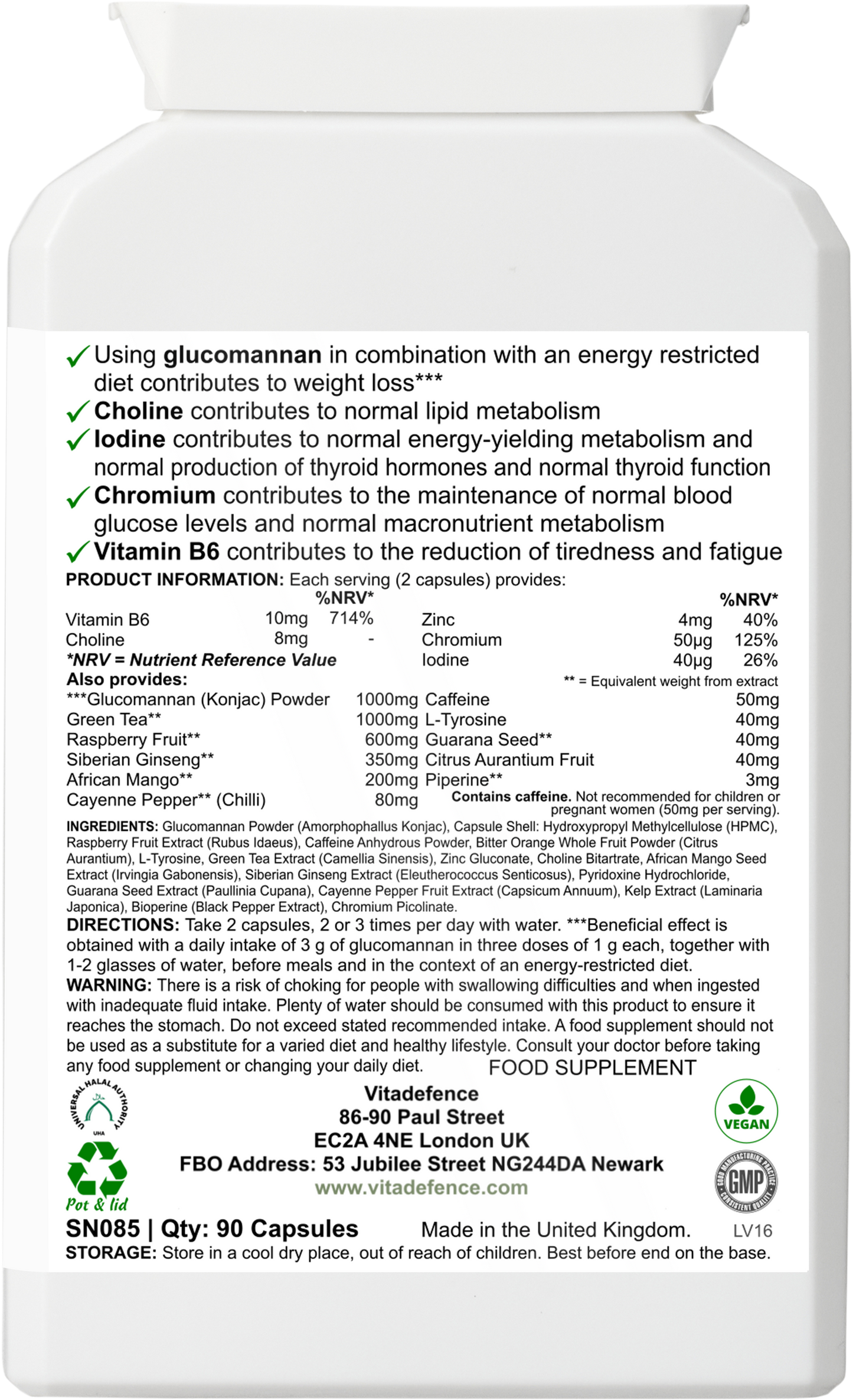 Vitadefence® Glucomannan Multi – Vitamin B6, Choline, Minerals & Botanicals – 90 Vegan Capsules