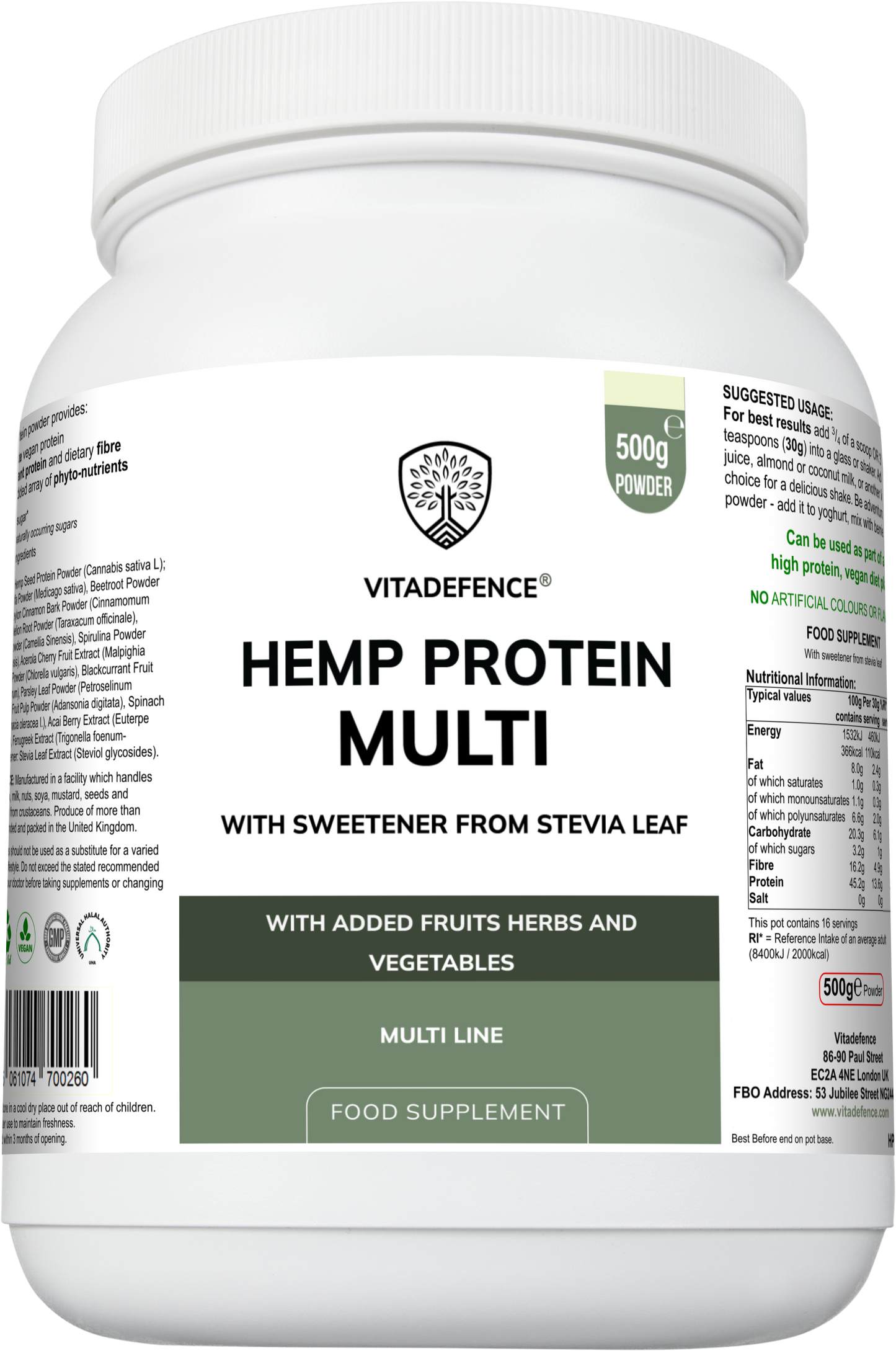 Vitadefence® Hemp Protein Multi | Plant-Based Protein Powder with Fruits, Herbs & Vegetables – 500 g