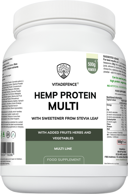 Vitadefence® Hemp Protein Multi | Plant-Based Protein Powder with Fruits, Herbs & Vegetables – 500 g