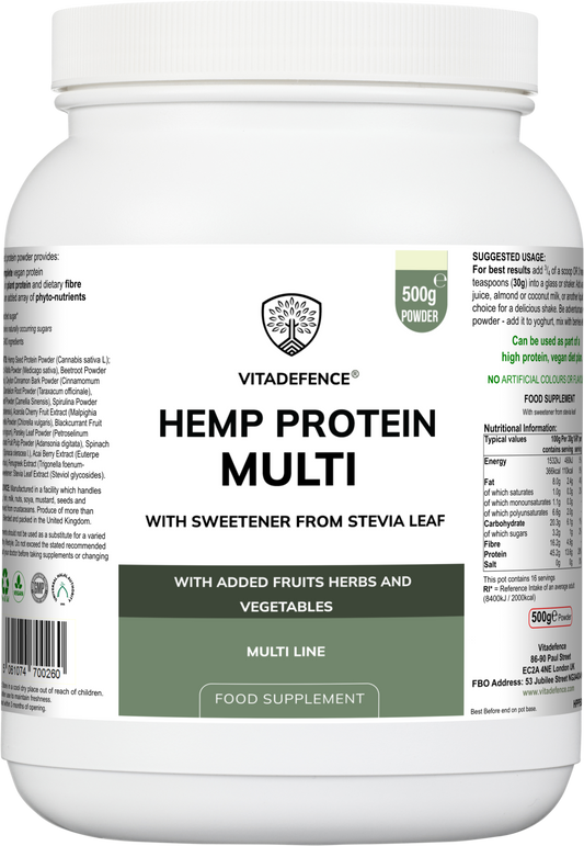 Vitadefence® Hemp Protein Multi | Plant-Based Protein Powder with Fruits, Herbs & Vegetables – 500 g