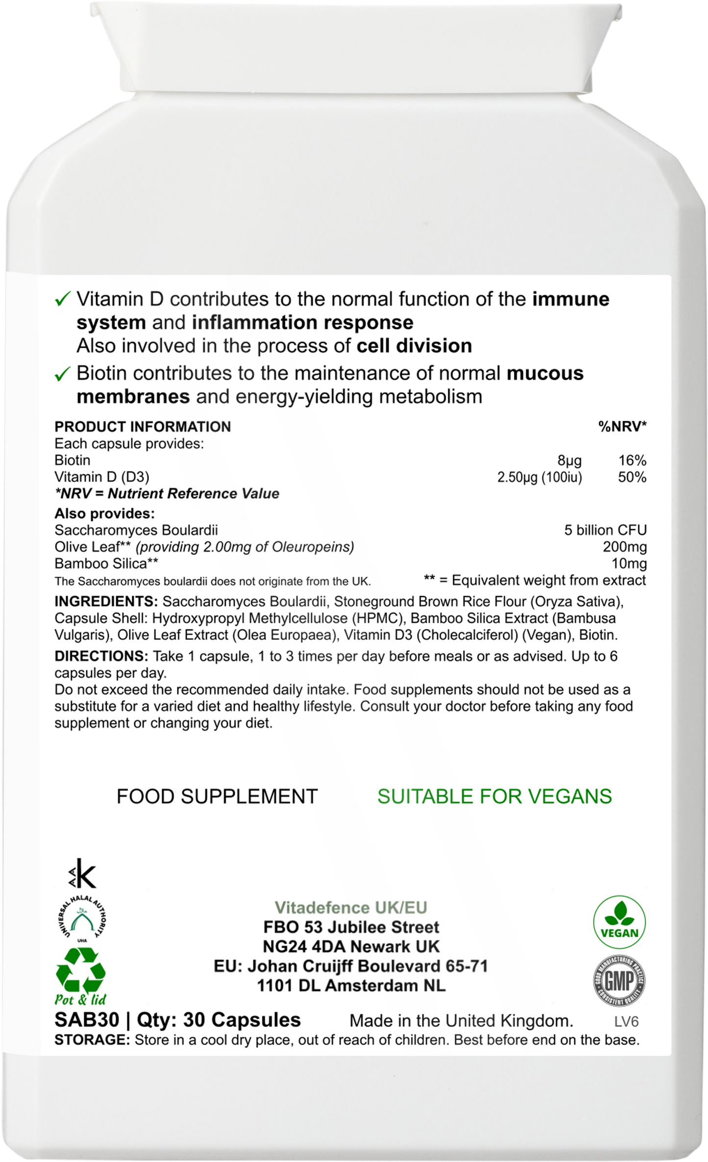 Vitadefence® Saccharomyces Multi | With Vitamin D3, Biotin, Olive Leaf & Bamboo Silica – 30 Capsules