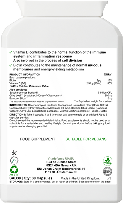 Vitadefence® Saccharomyces Multi | With Vitamin D3, Biotin, Olive Leaf & Bamboo Silica – 30 Capsules