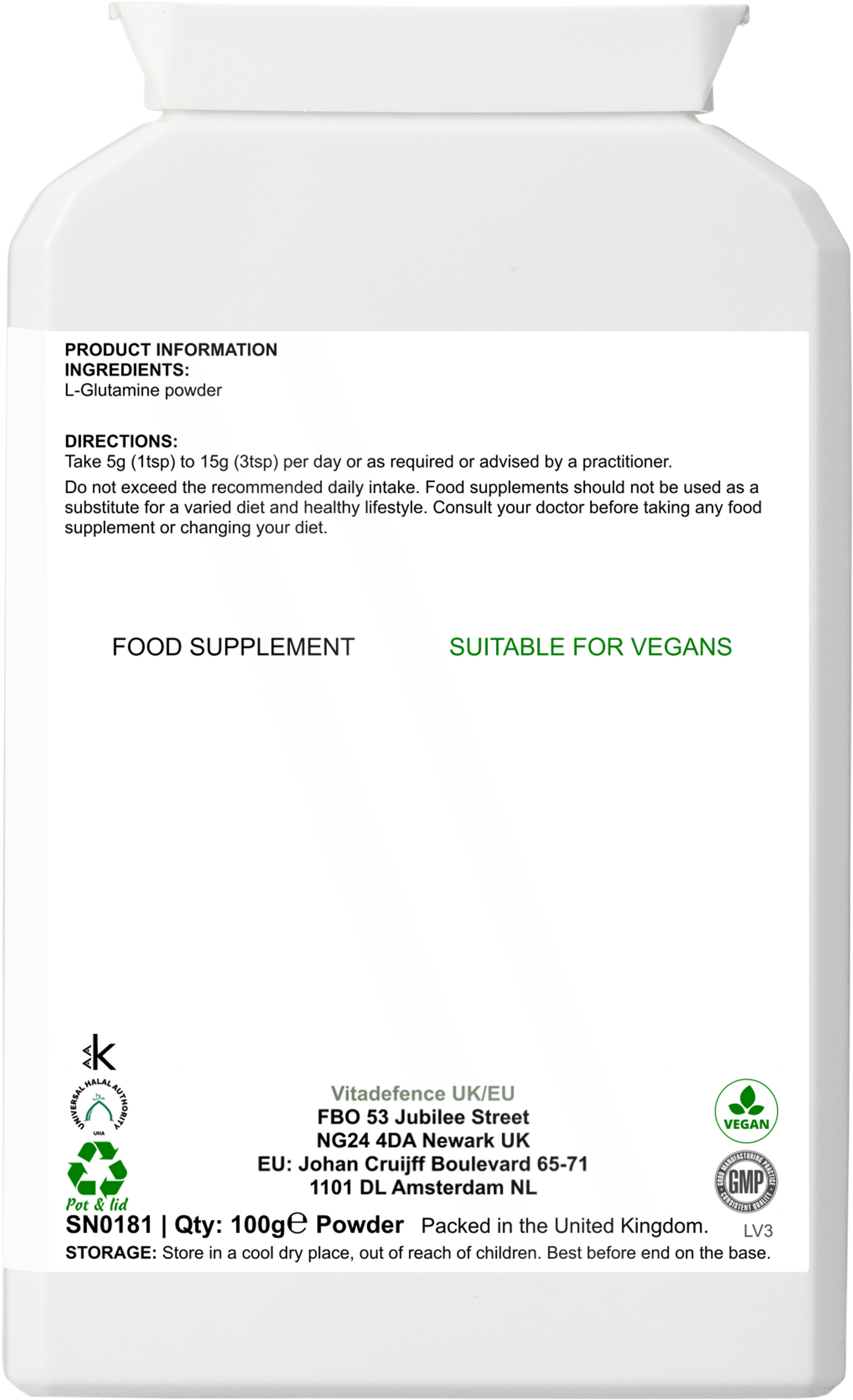 Vitadefence® L-Glutamine Powder |  Vegan – 100 g -  Vitadefence® - Vitadefence®
