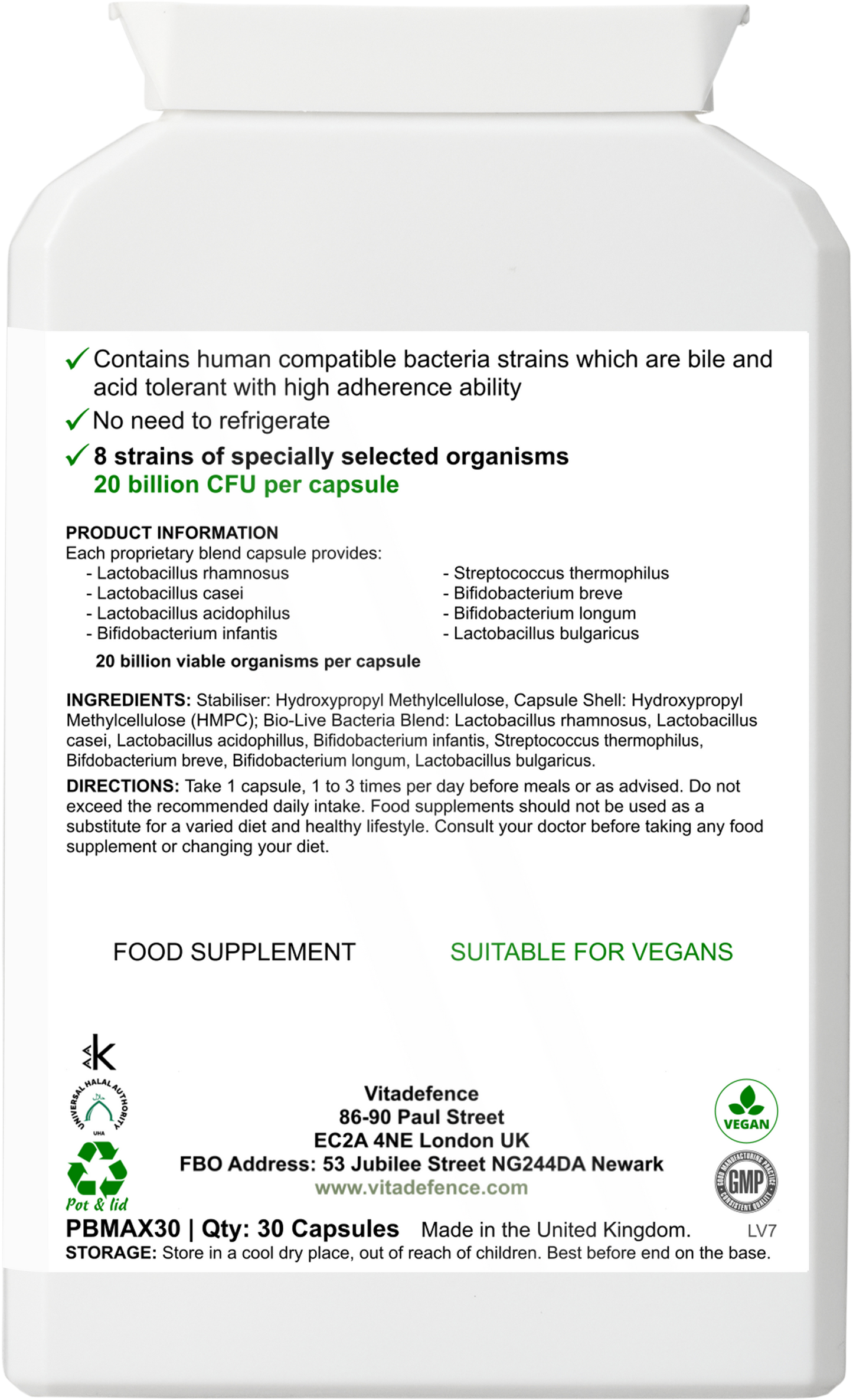 Vitadefence® Live Cultures Max | 8-Strain Formula, 20 Billion CFU – 30 Capsules