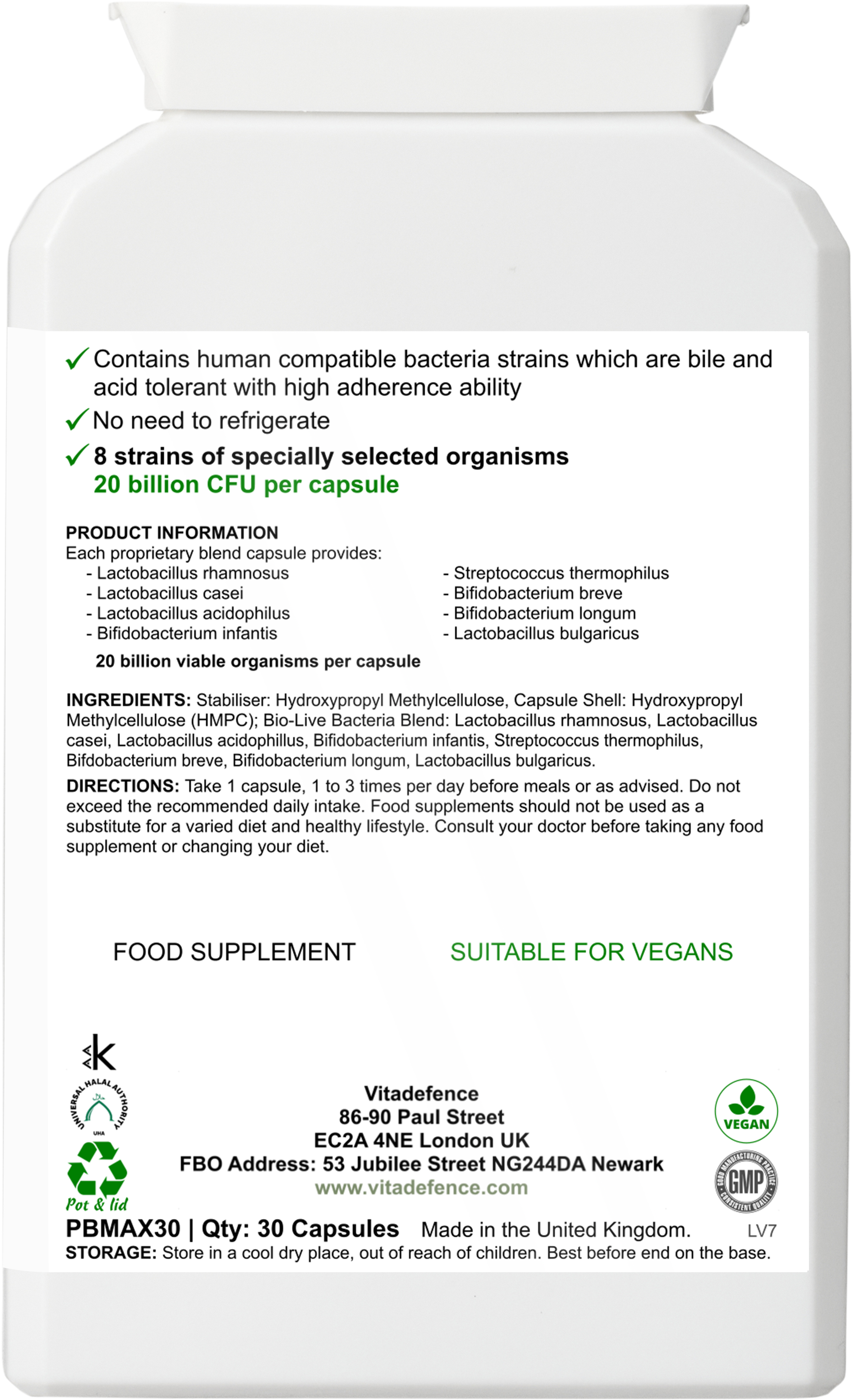 Live Cultures Max – 20 Billion CFU, 8-Strain Formula | Vitadefence®