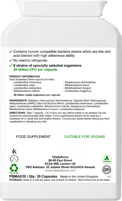 Vitadefence® Live Cultures Max | 8-Strain Formula, 20 Billion CFU – 30 Capsules