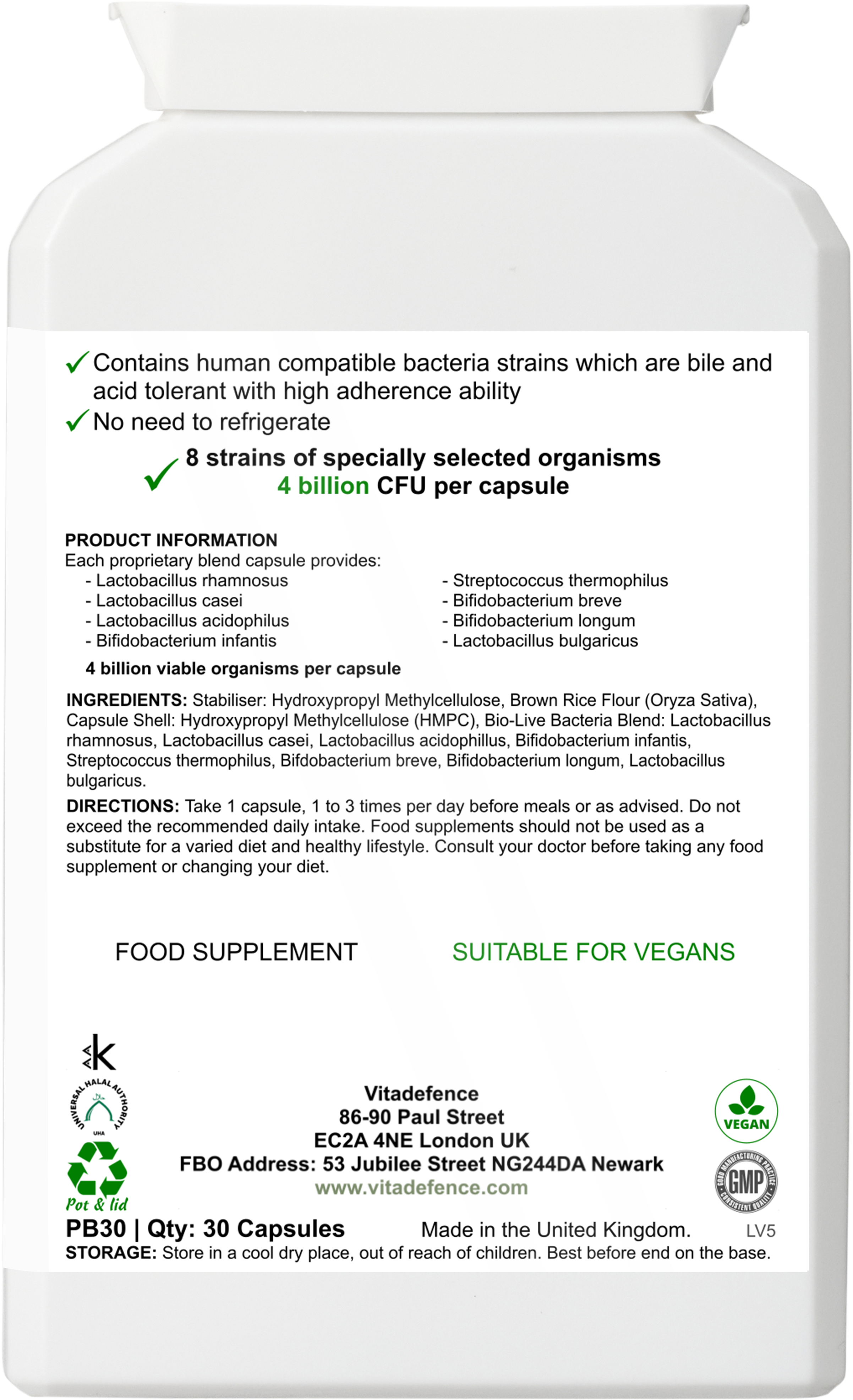 Live Cultures Multi – 8 Strains, 4 Billion CFU per Capsule | 30 Capsules | Vitadefence®