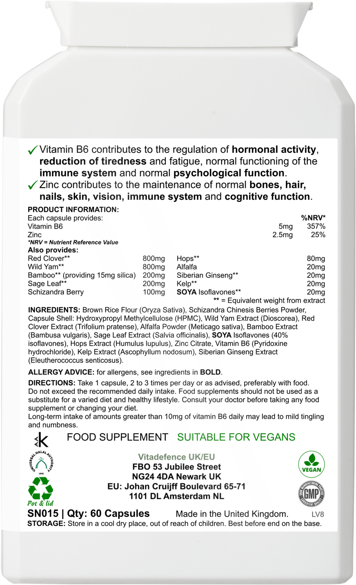 Vitadefence® Red Clover Multi | With Vitamin B6, Zinc, Sage & Siberian Ginseng – 60 Capsules