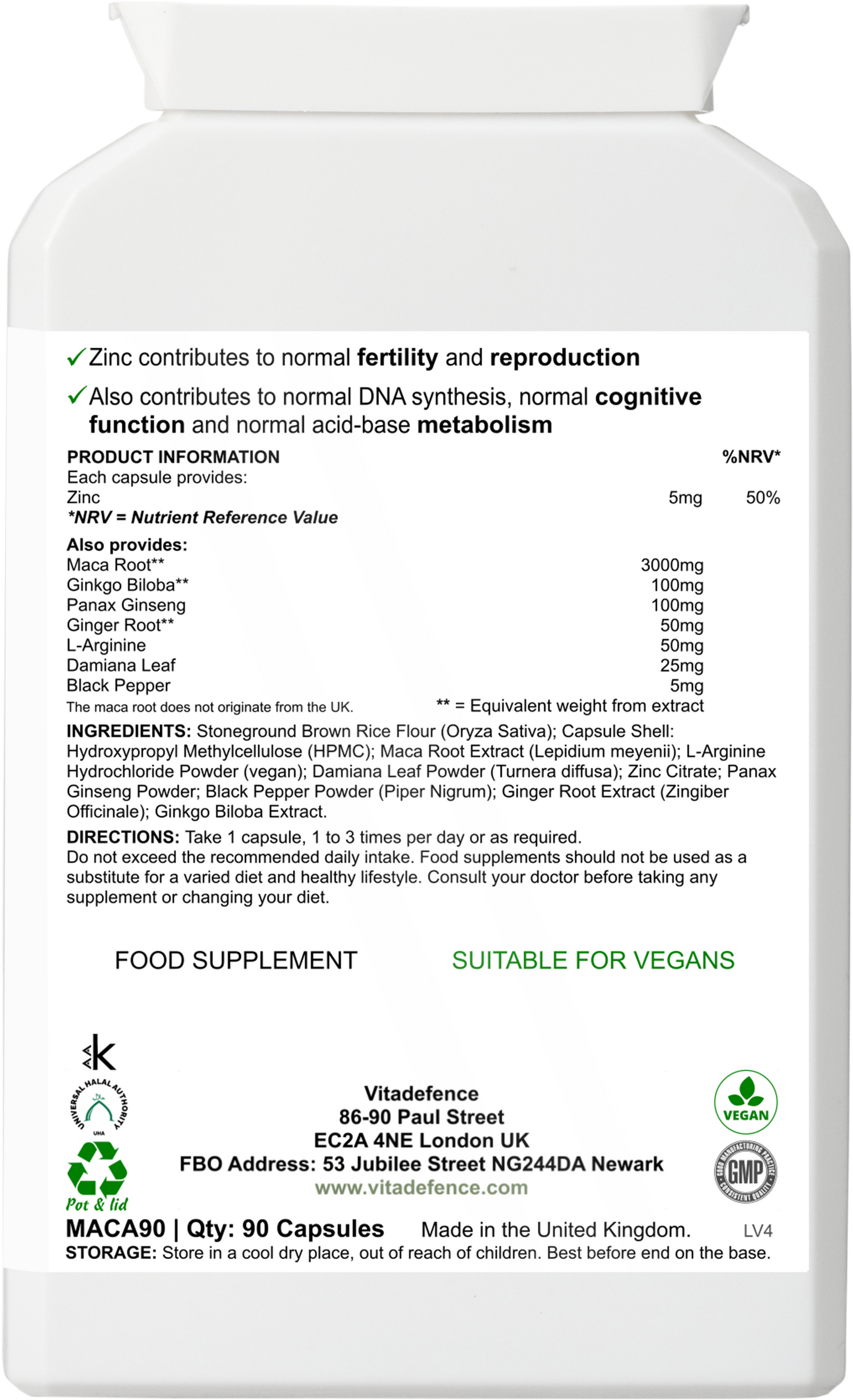 Vitadefence® Maca Root Multi | With L-Arginine, Ginkgo Biloba & Zinc – 90 Vegan Capsules