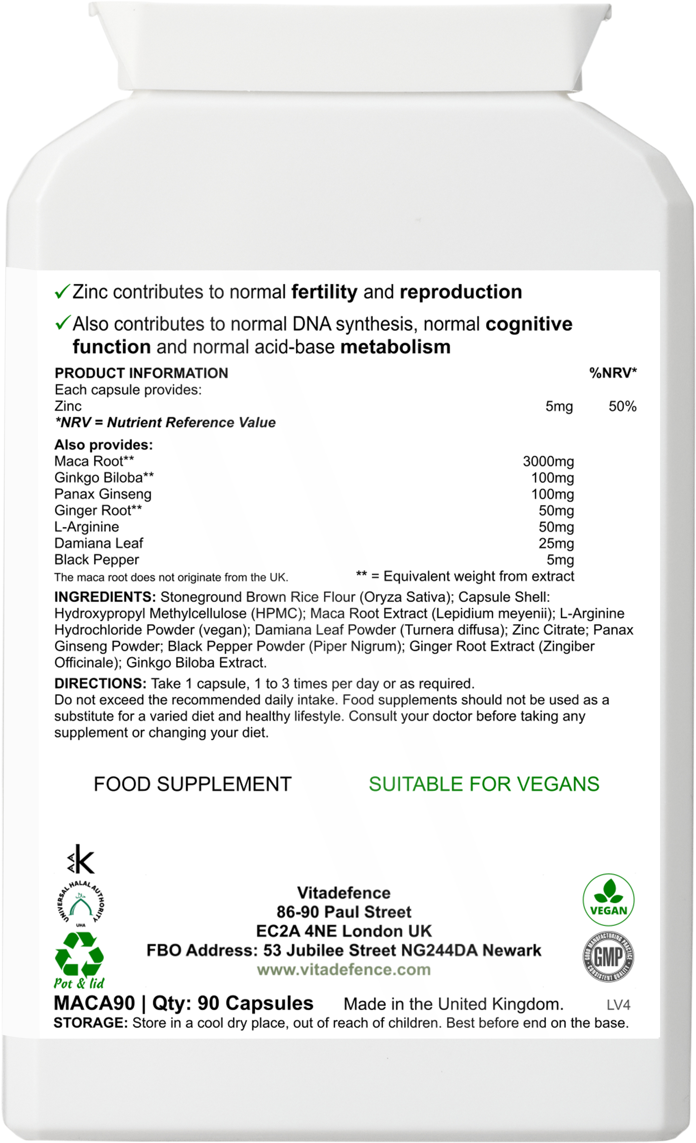 Maca Root Multi – L-Arginine, Ginkgo Biloba & Zinc – 90 Vegan Capsules – Vitadefence®