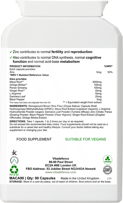 Vitadefence® Maca Root Multi | With L-Arginine, Ginkgo Biloba & Zinc – 90 Vegan Capsules