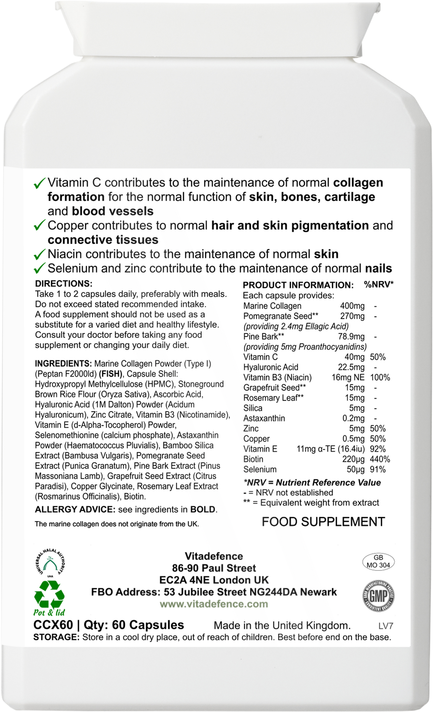 Vitadefence® Marine Collagen Multi | With Vitamin C, Zinc & Biotin – 60 Capsules