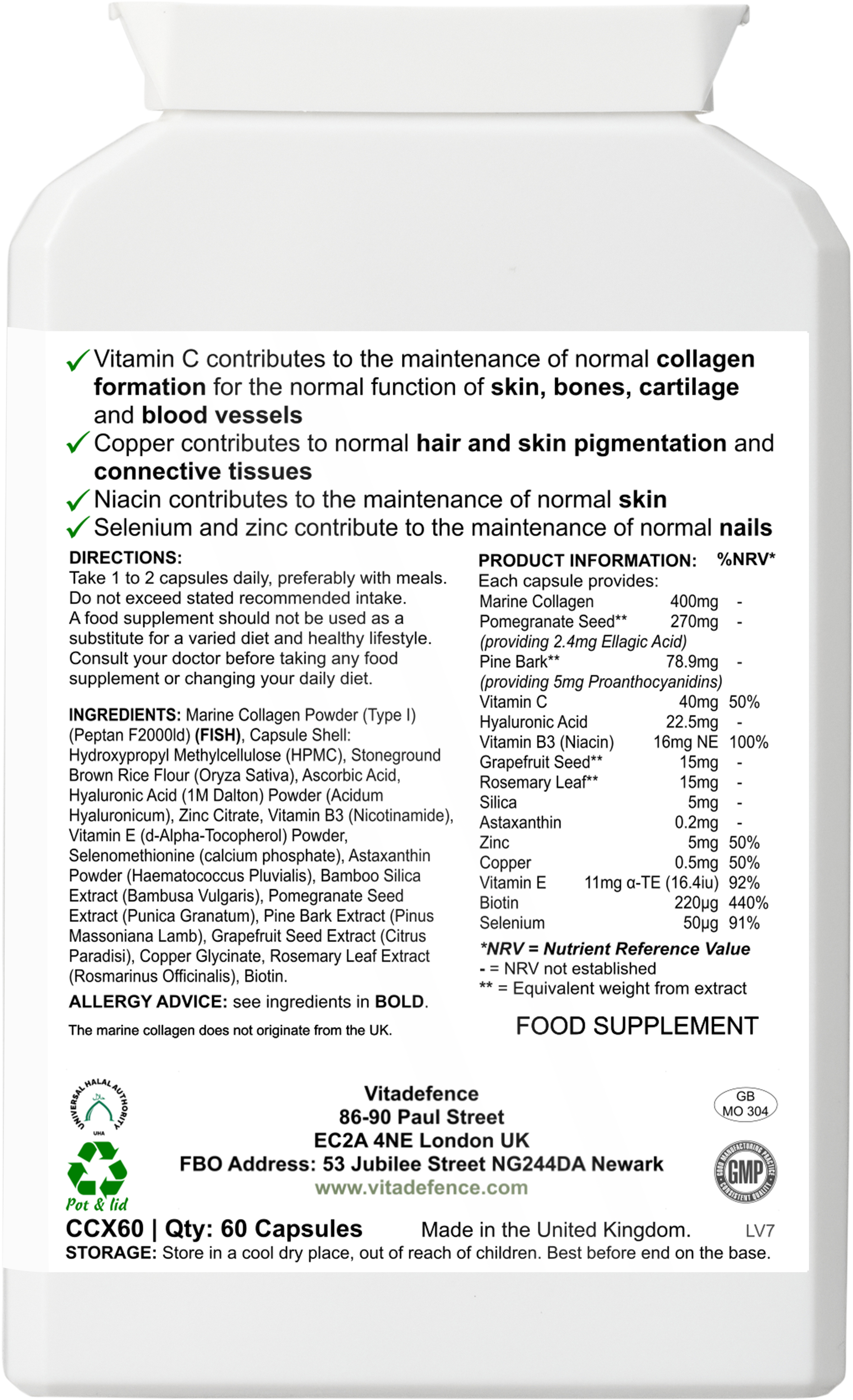 Marine Collagen Multi – With Vitamin C, Zinc & Biotin – 60 Capsules – Vitadefence®