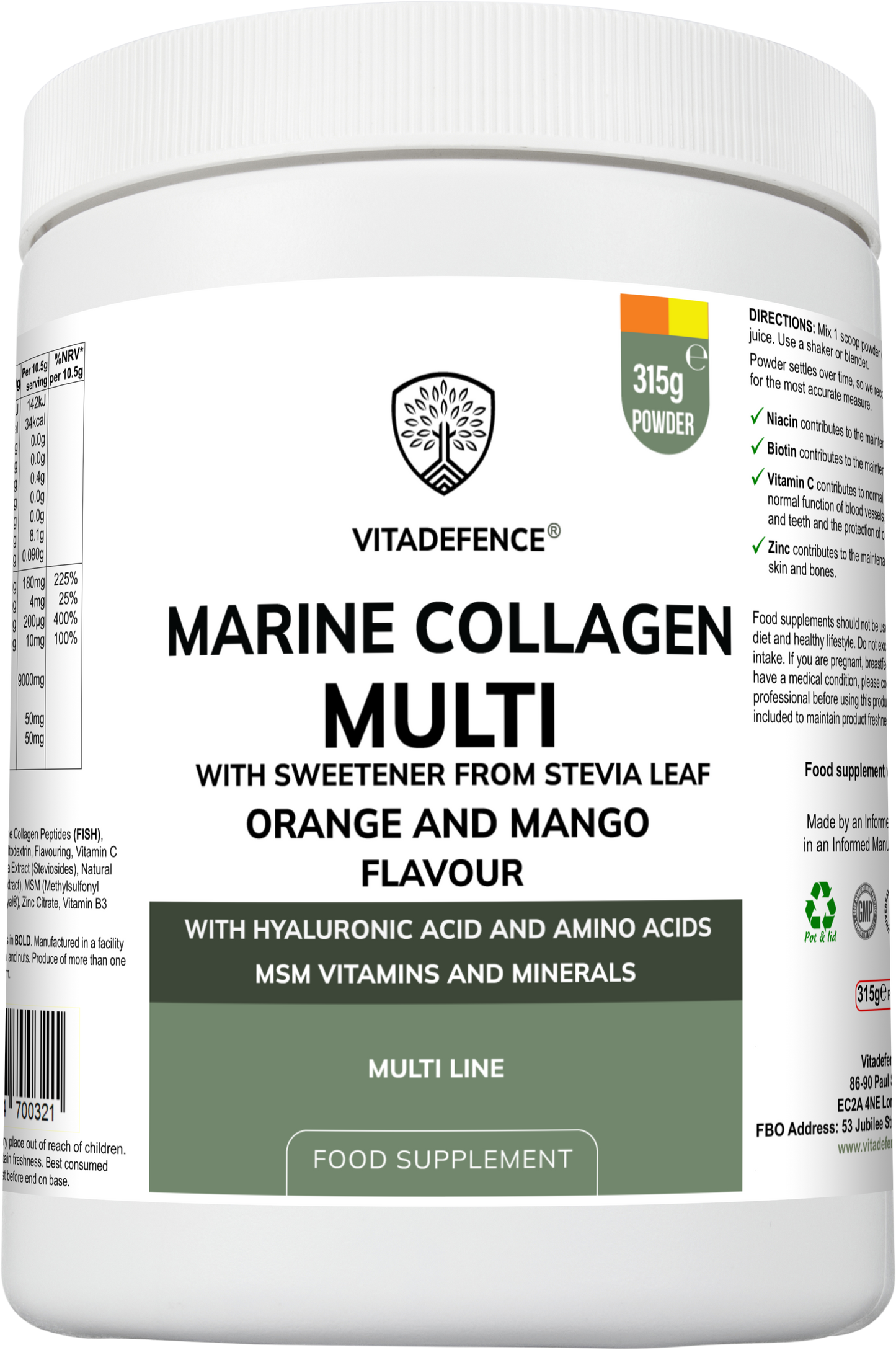 Vitadefence® Marine Collagen Multi | Orange & Mango Flavour Powder with Hyaluronic Acid, MSM, Vitamins & Minerals – 315 g
