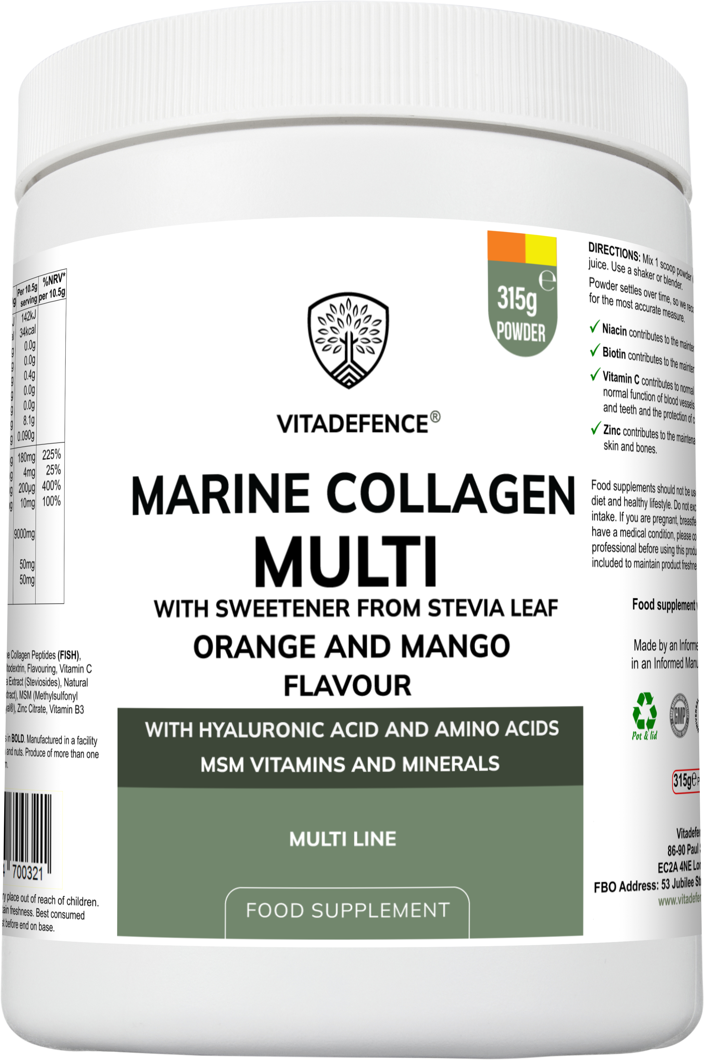 Marine Collagen Multi – Orange & Mango Flavour | With Hyaluronic Acid, MSM, Vitamins & Minerals | 315 g Powder