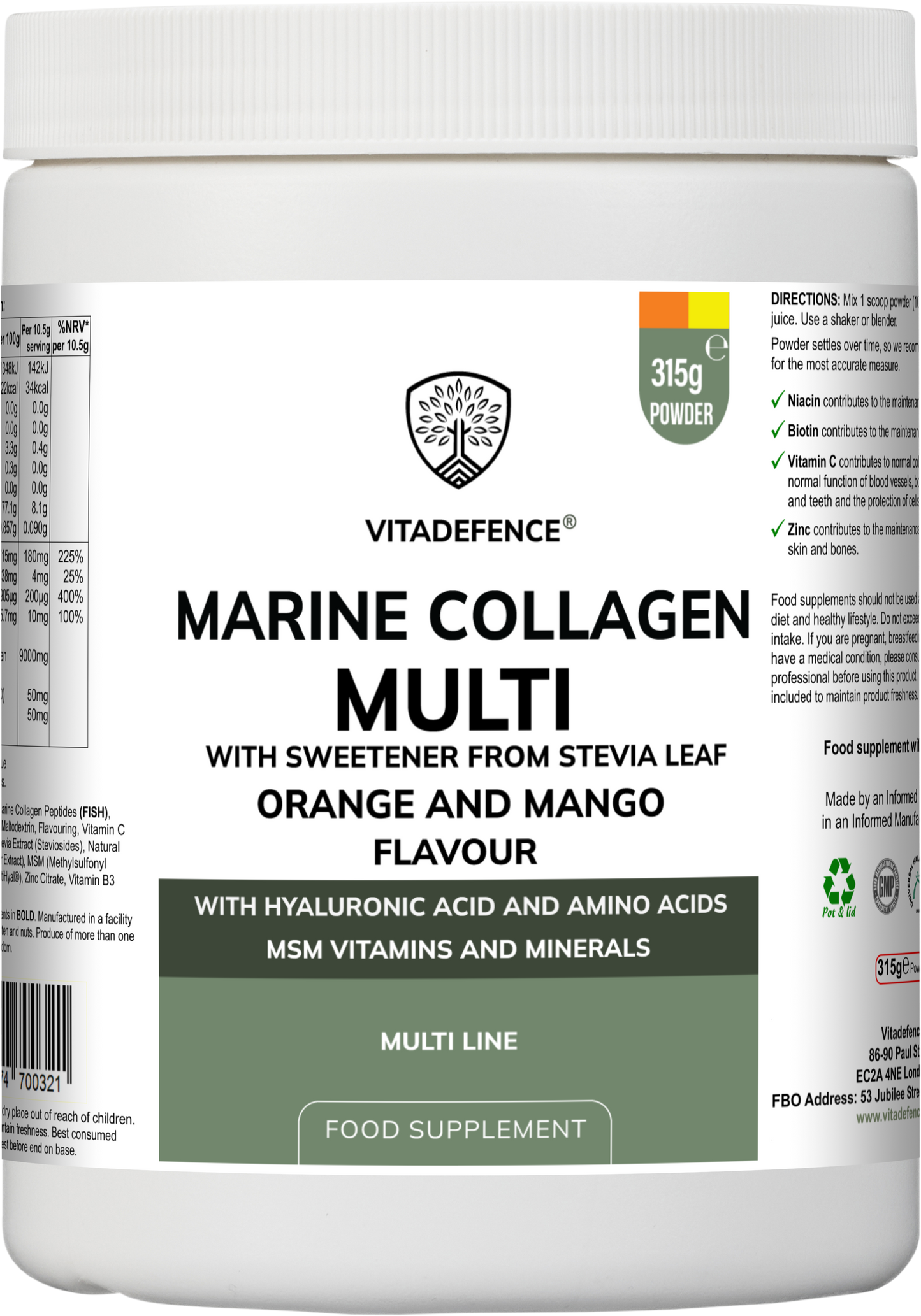 Vitadefence® Marine Collagen Multi | Orange & Mango Flavour Powder with Hyaluronic Acid, MSM, Vitamins & Minerals – 315 g