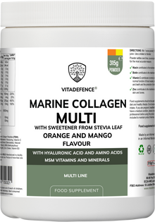 Vitadefence® Marine Collagen Multi | Orange & Mango Flavour Powder with Hyaluronic Acid, MSM, Vitamins & Minerals – 315 g