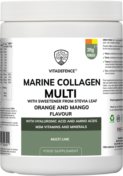 Vitadefence® Marine Collagen Multi | Orange & Mango Flavour Powder with Hyaluronic Acid, MSM, Vitamins & Minerals – 315 g