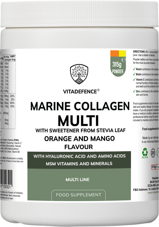 Vitadefence® Marine Collagen Multi | Orange & Mango Flavour Powder with Hyaluronic Acid, MSM, Vitamins & Minerals – 315 g
