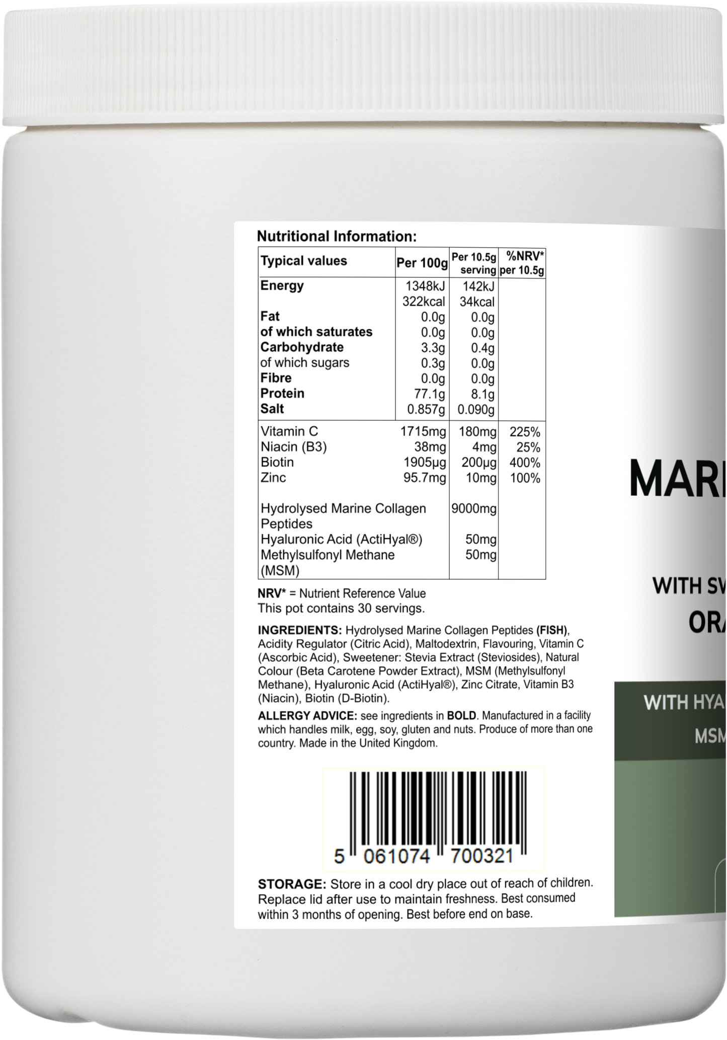 Vitadefence® Marine Collagen Multi | Orange & Mango Flavour Powder with Hyaluronic Acid, MSM, Vitamins & Minerals – 315 g