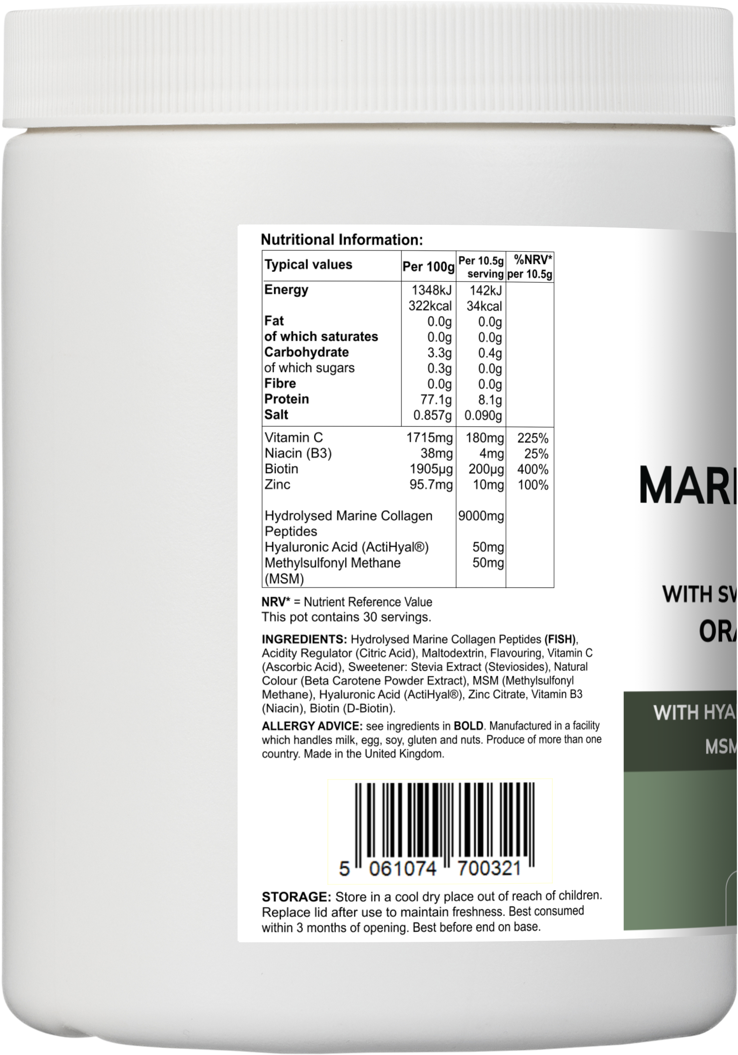 Marine Collagen Multi – Orange & Mango Flavour | With Hyaluronic Acid, MSM, Vitamins & Minerals | 315 g Powder