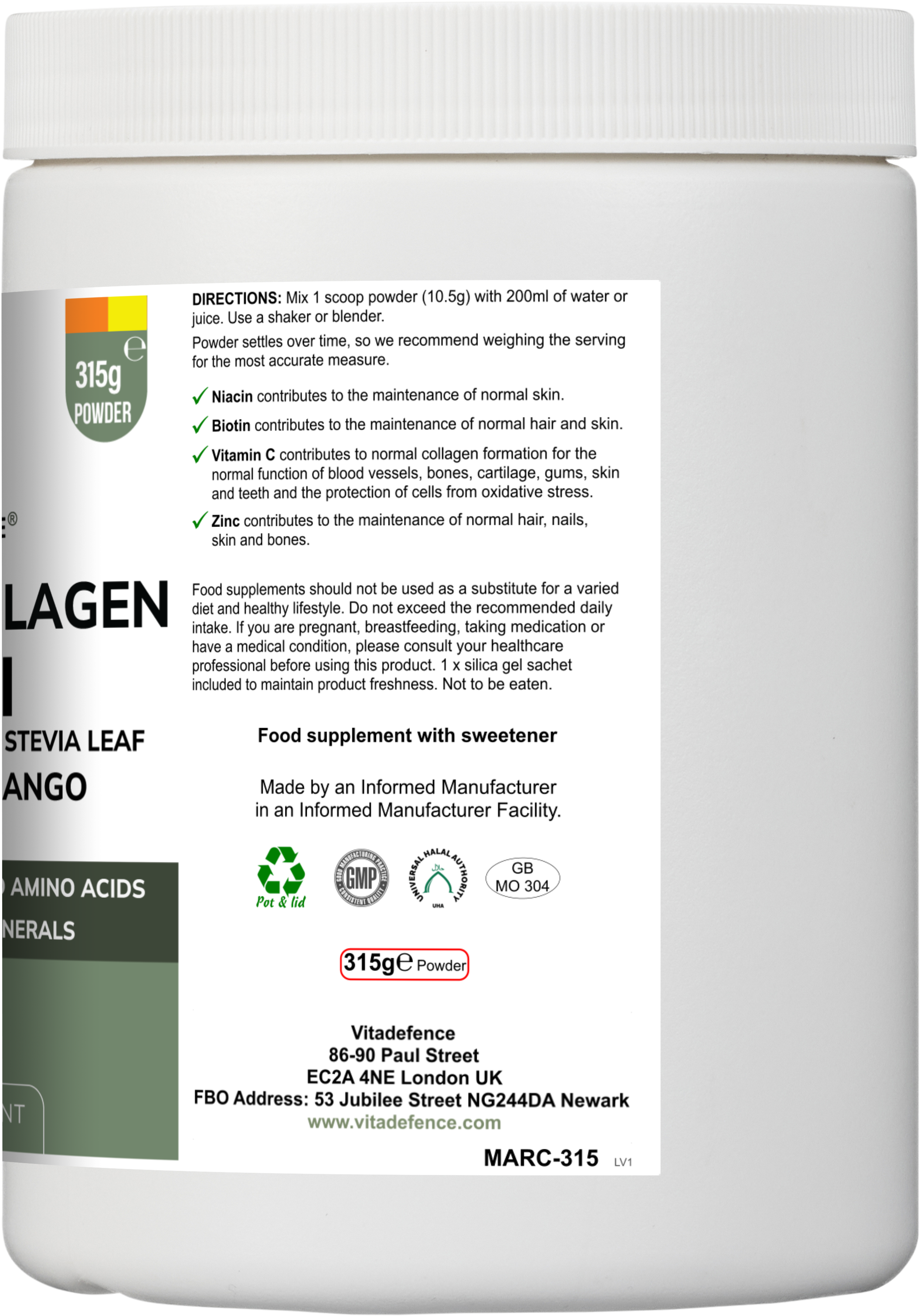 Marine Collagen Multi – Orange & Mango Flavour | With Hyaluronic Acid, MSM, Vitamins & Minerals | 315 g Powder