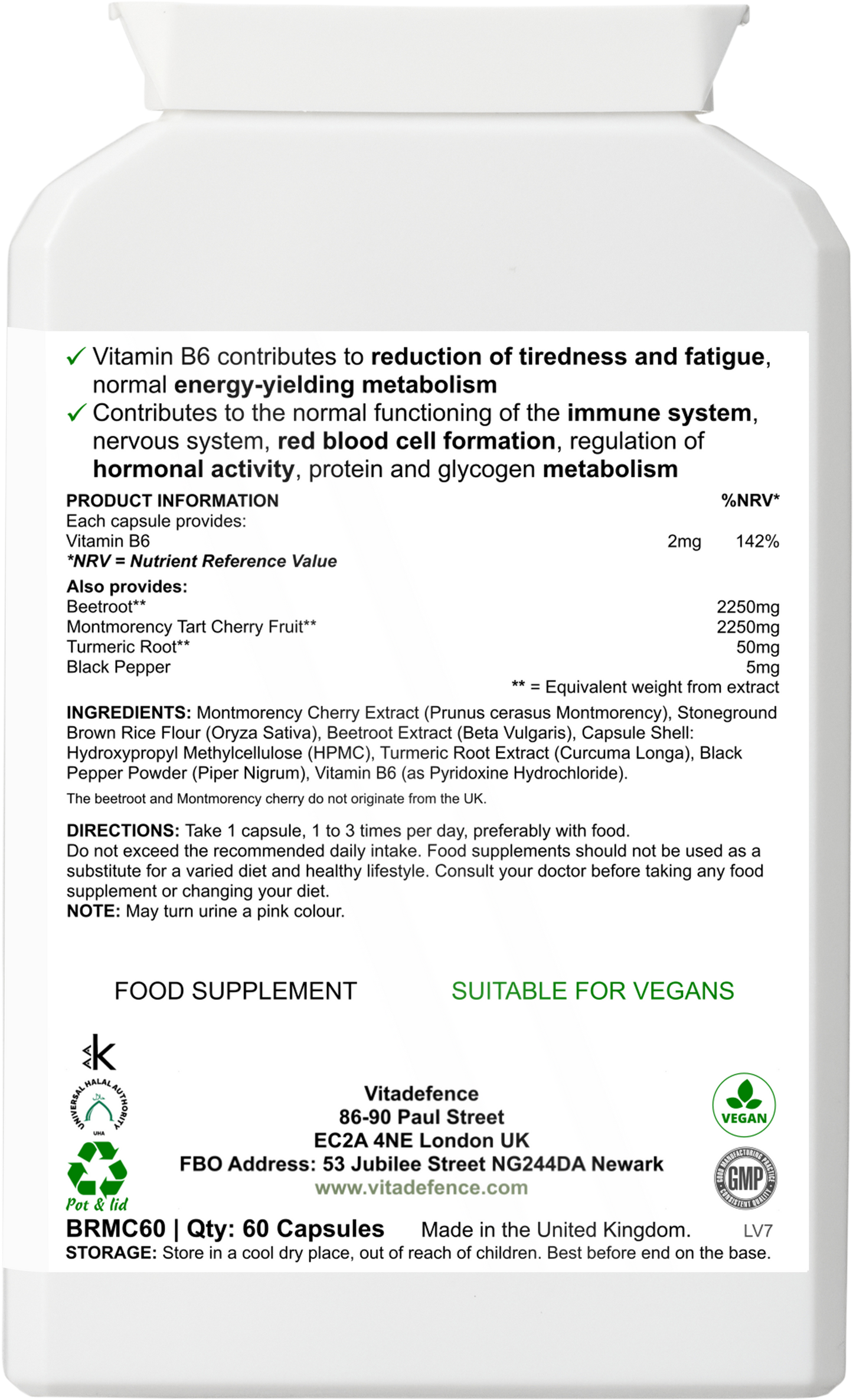 Vitadefence® Montmorency Multi | With Vitamin B6, Beetroot & Tart Cherry – 60 Capsules