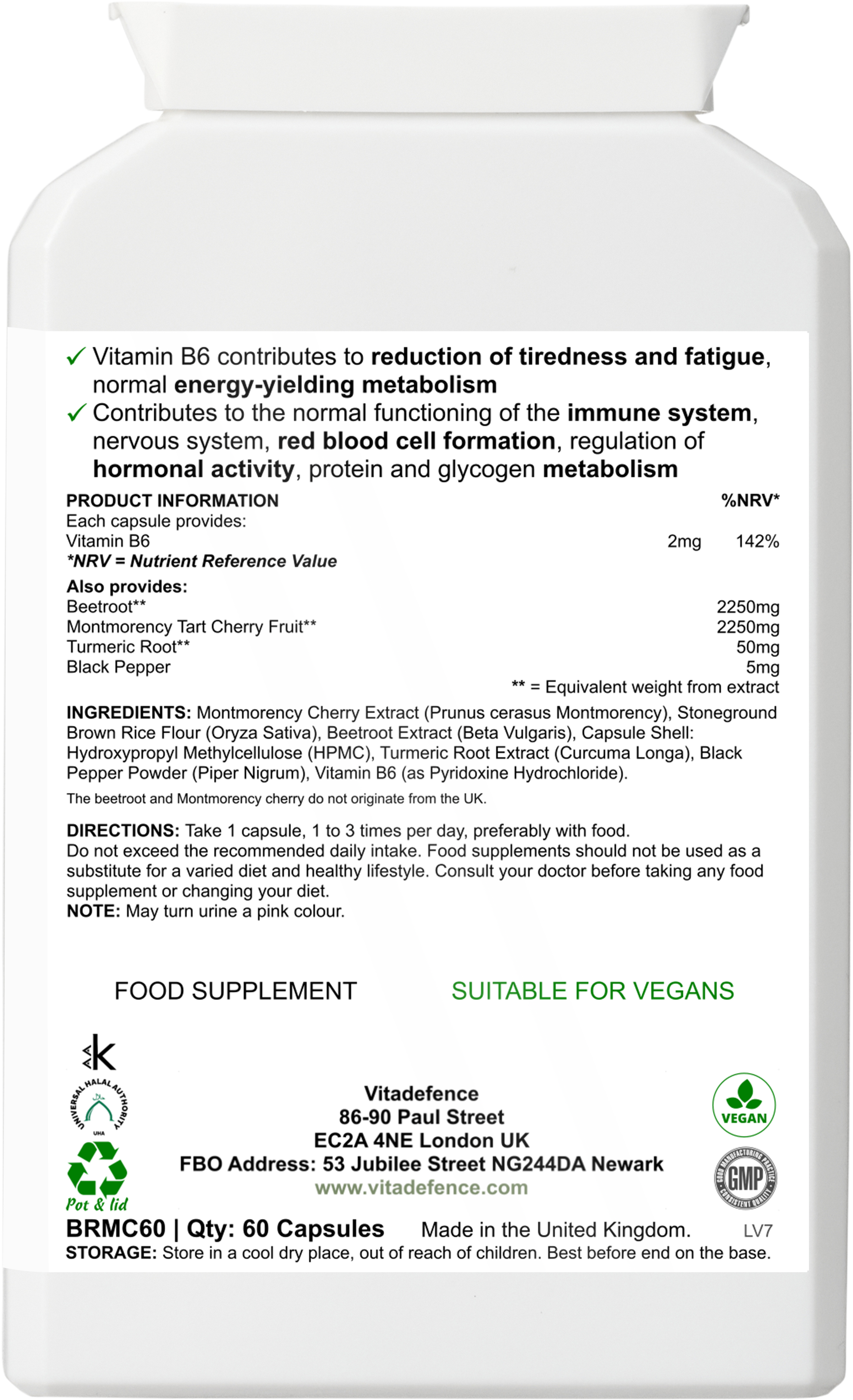 Montmorency Multi – Vitamin B6, Beetroot & Tart Cherry – 60 Capsules | Vitadefence®