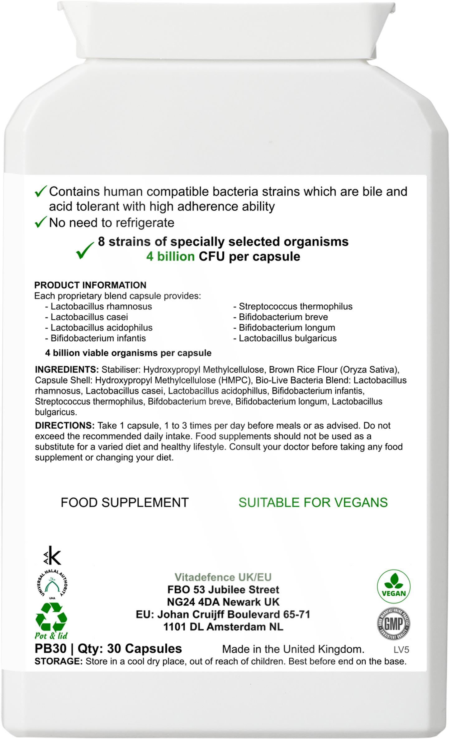 Vitadefence® Live Cultures Multi | 8 Strains, 4 Billion CFU – 30 Capsules