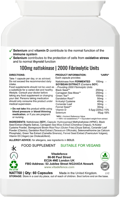 Vitadefence® Nattokinase Multi | With Vitamin D3, Selenium & Botanicals – 60 Capsules