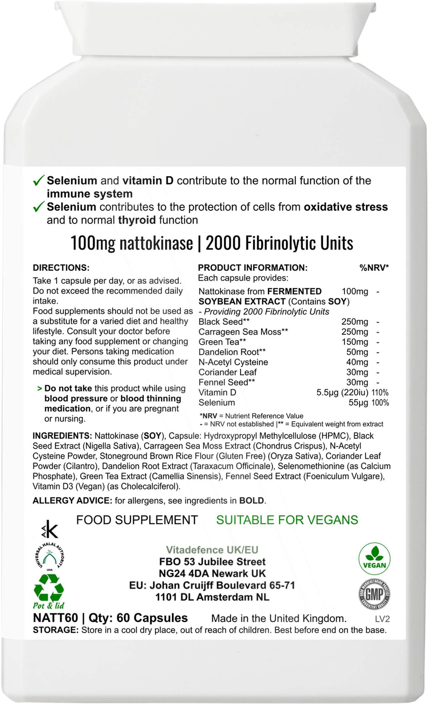 Vitadefence® Nattokinase Multi | With Vitamin D3, Selenium & Botanicals – 60 Capsules