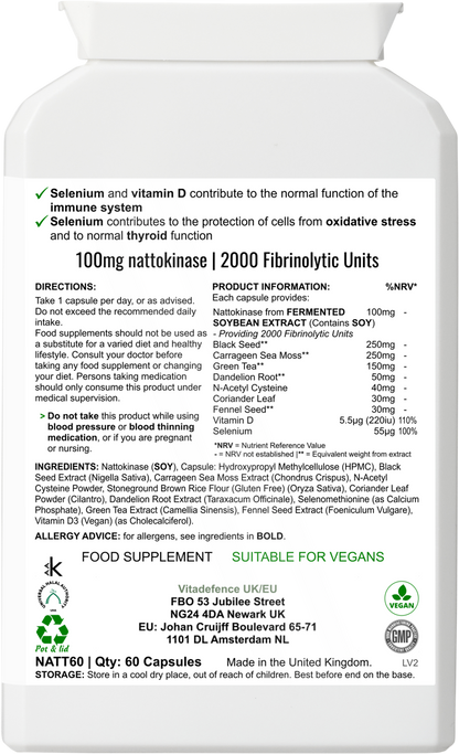 Vitadefence® Nattokinase Multi | With Vitamin D3, Selenium & Botanicals – 60 Capsules