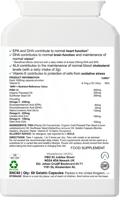 Vitadefence® Omega 3-6-9 Multi | With Fish Oil, Flaxseed, Sunflower Oil & Vitamin E – 60 Gelatin Capsules