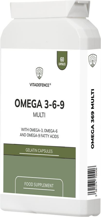 Vitadefence® Omega 3-6-9 Multi | With Fish Oil, Flaxseed, Sunflower Oil & Vitamin E – 60 Gelatin Capsules