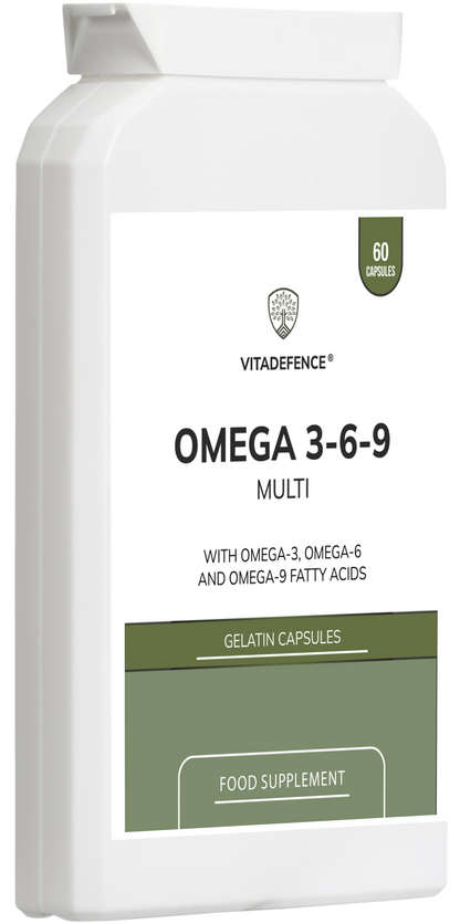 Vitadefence® Omega 3-6-9 Multi | With Fish Oil, Flaxseed, Sunflower Oil & Vitamin E – 60 Gelatin Capsules