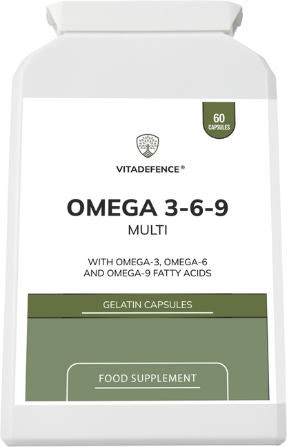 Vitadefence® Omega 3-6-9 Multi | With Fish Oil, Flaxseed, Sunflower Oil & Vitamin E – 60 Gelatin Capsules