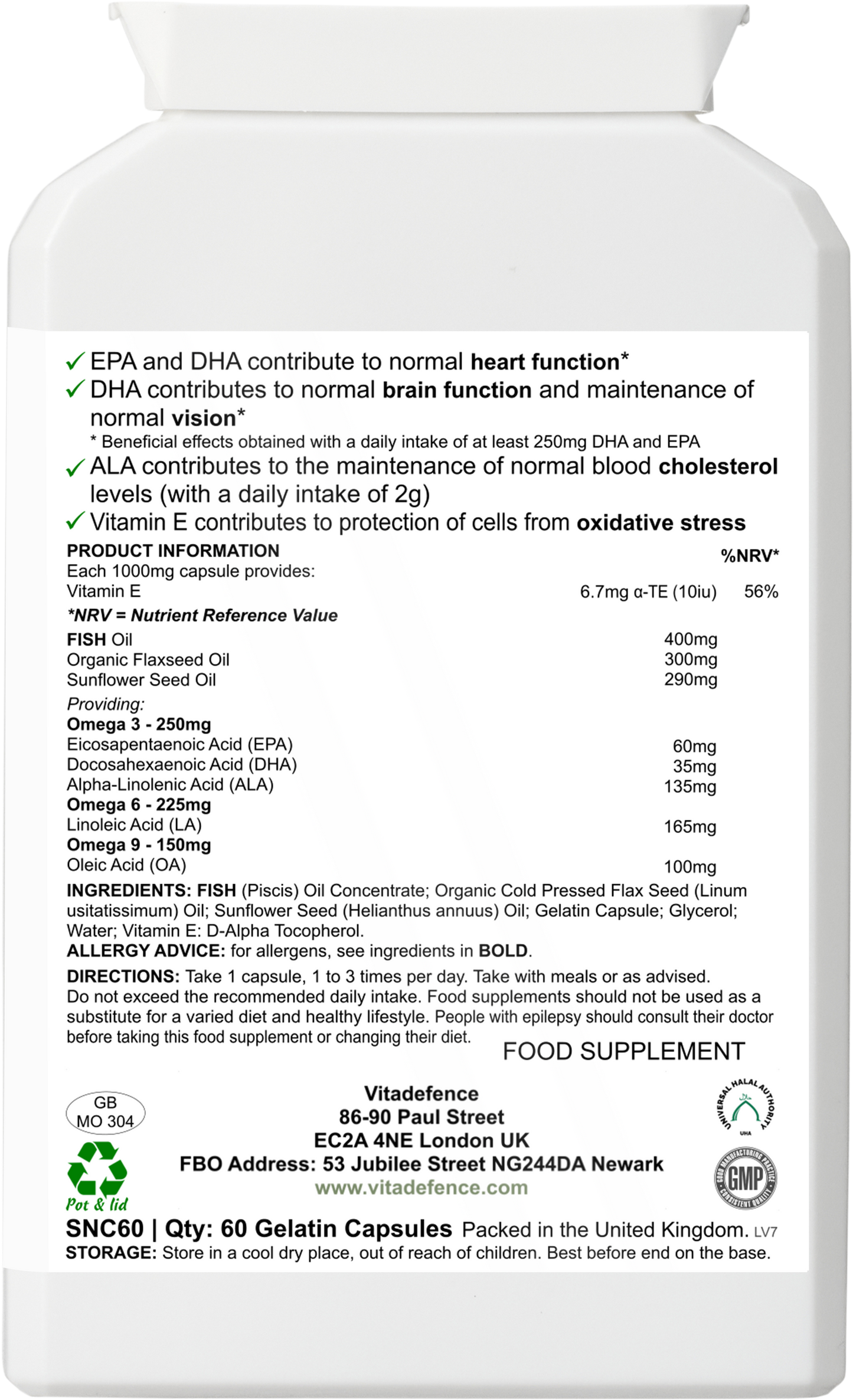 Vitadefence® Omega 3-6-9 Multi | With Fish Oil, Flaxseed, Sunflower Oil & Vitamin E – 60 Gelatin Capsules
