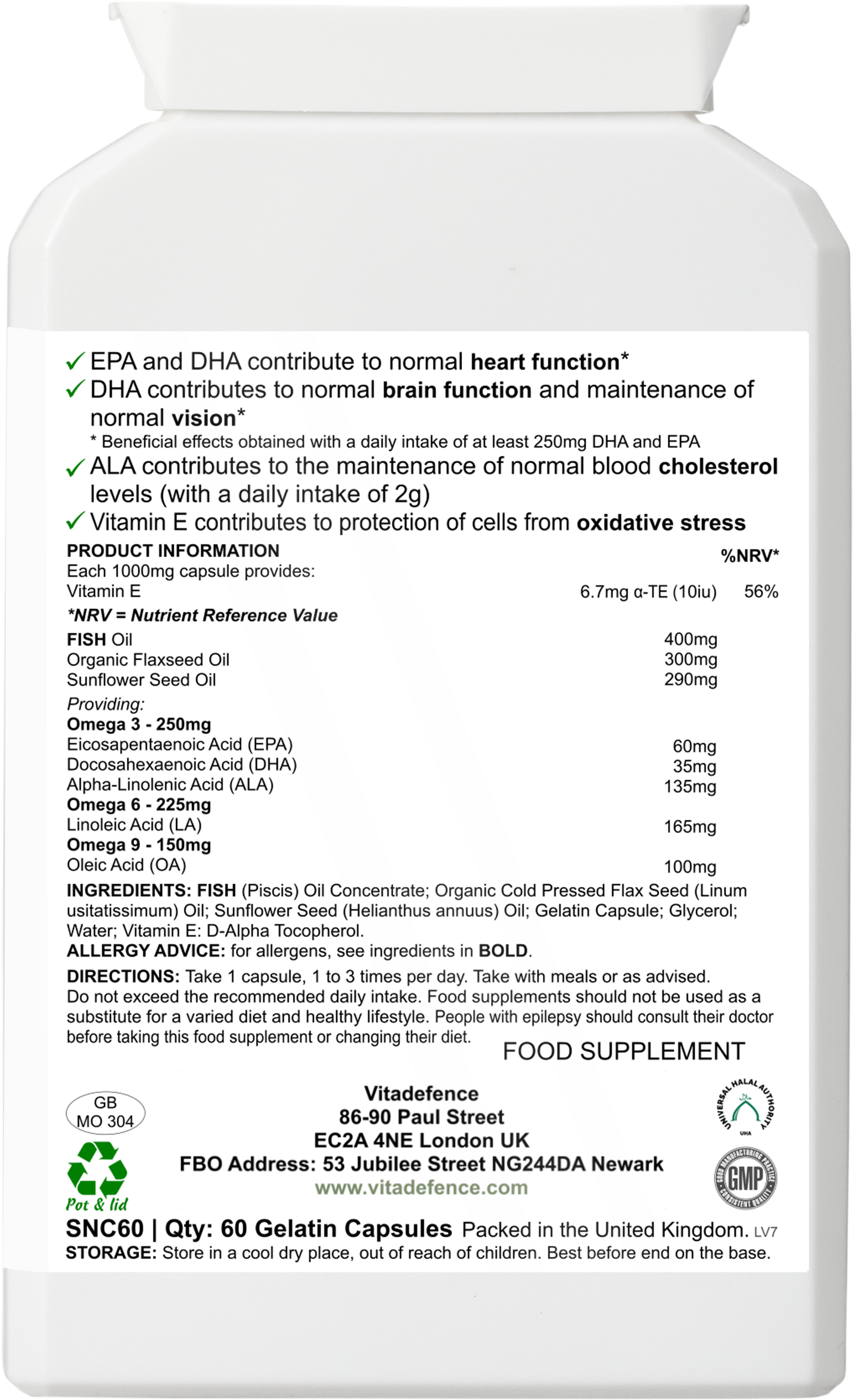 Omega 3-6-9 Multi – Fish, Flaxseed & Sunflower Oil + Vitamin E – 60 Gelatin Capsules – Vitadefence®