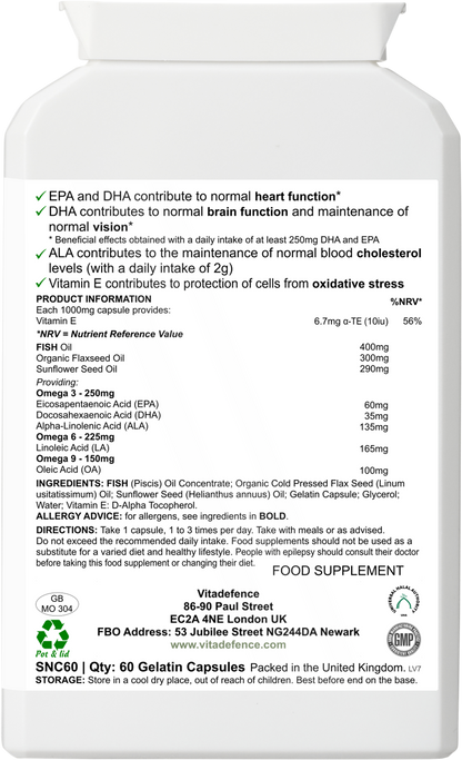 Vitadefence® Omega 3-6-9 Multi | With Fish Oil, Flaxseed, Sunflower Oil & Vitamin E – 60 Gelatin Capsules