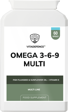 Vitadefence® Omega 3-6-9 Multi | With Fish Oil, Flaxseed, Sunflower Oil & Vitamin E – 60 Gelatin Capsules