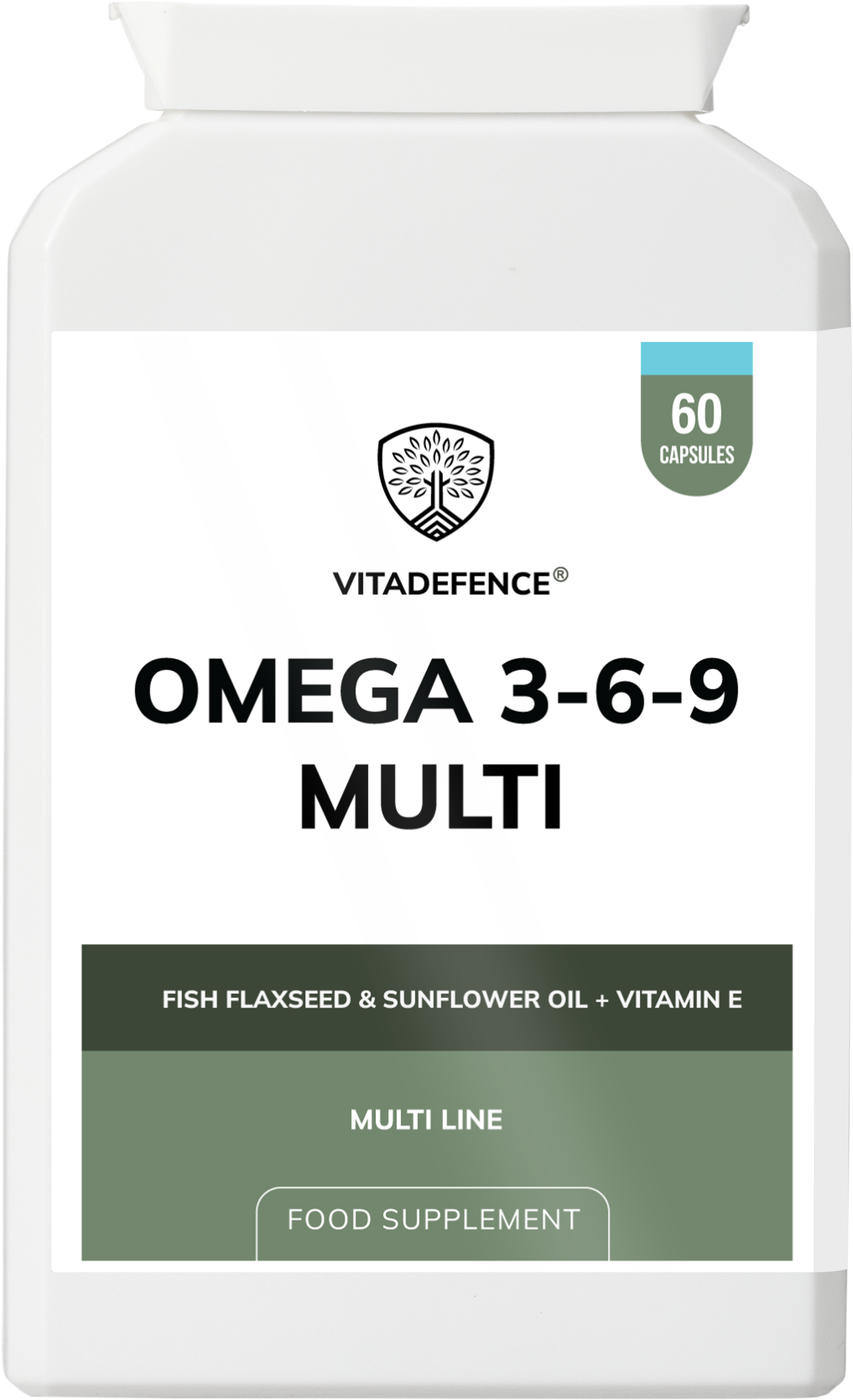 Omega 3-6-9 Multi – Fish, Flaxseed & Sunflower Oil + Vitamin E – 60 Gelatin Capsules – Vitadefence®