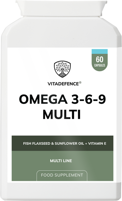 Vitadefence® Omega 3-6-9 Multi | With Fish Oil, Flaxseed, Sunflower Oil & Vitamin E – 60 Gelatin Capsules