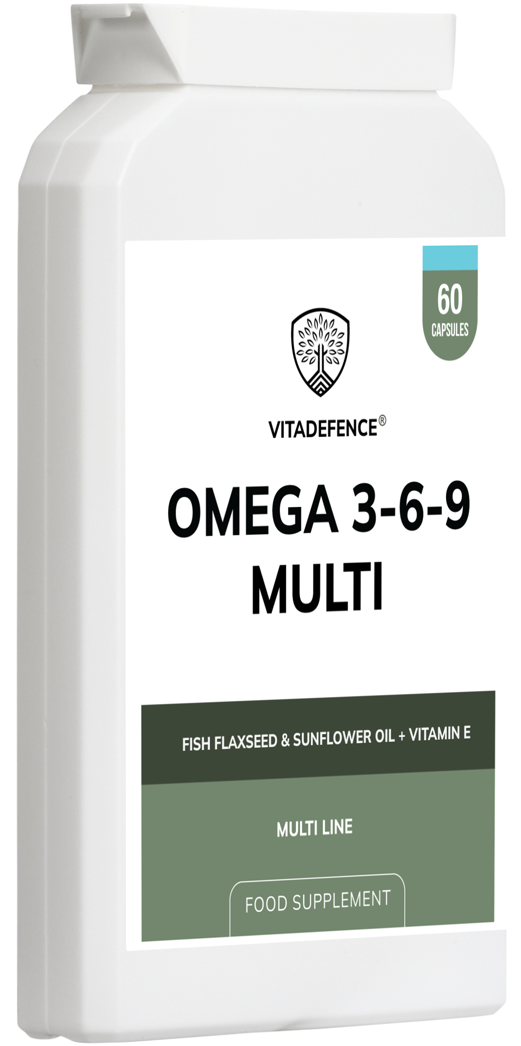Omega 3-6-9 Multi – Fish, Flaxseed & Sunflower Oil + Vitamin E – 60 Gelatin Capsules – Vitadefence®