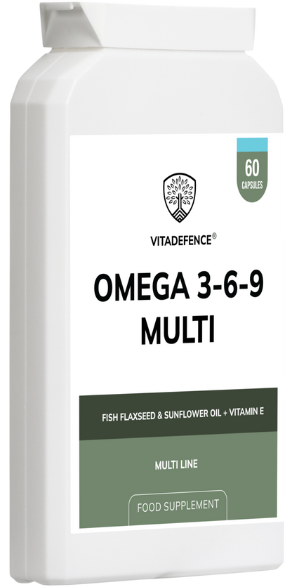Vitadefence® Omega 3-6-9 Multi | With Fish Oil, Flaxseed, Sunflower Oil & Vitamin E – 60 Gelatin Capsules