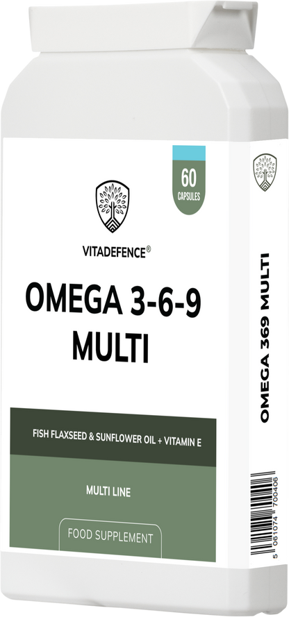 Vitadefence® Omega 3-6-9 Multi | With Fish Oil, Flaxseed, Sunflower Oil & Vitamin E – 60 Gelatin Capsules