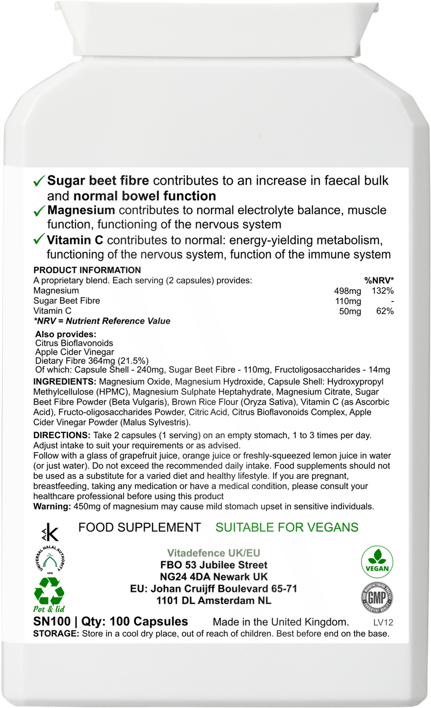 Vitadefence® Magnesium Multi | With Vitamin C & Sugar Beet Fibre – 100 Vegan Capsules