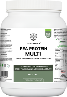 Vitadefence® Pea Protein Multi | Plant-Based Protein Powder with Green Tea, Spirulina, Açai & Dandelion – 500 g