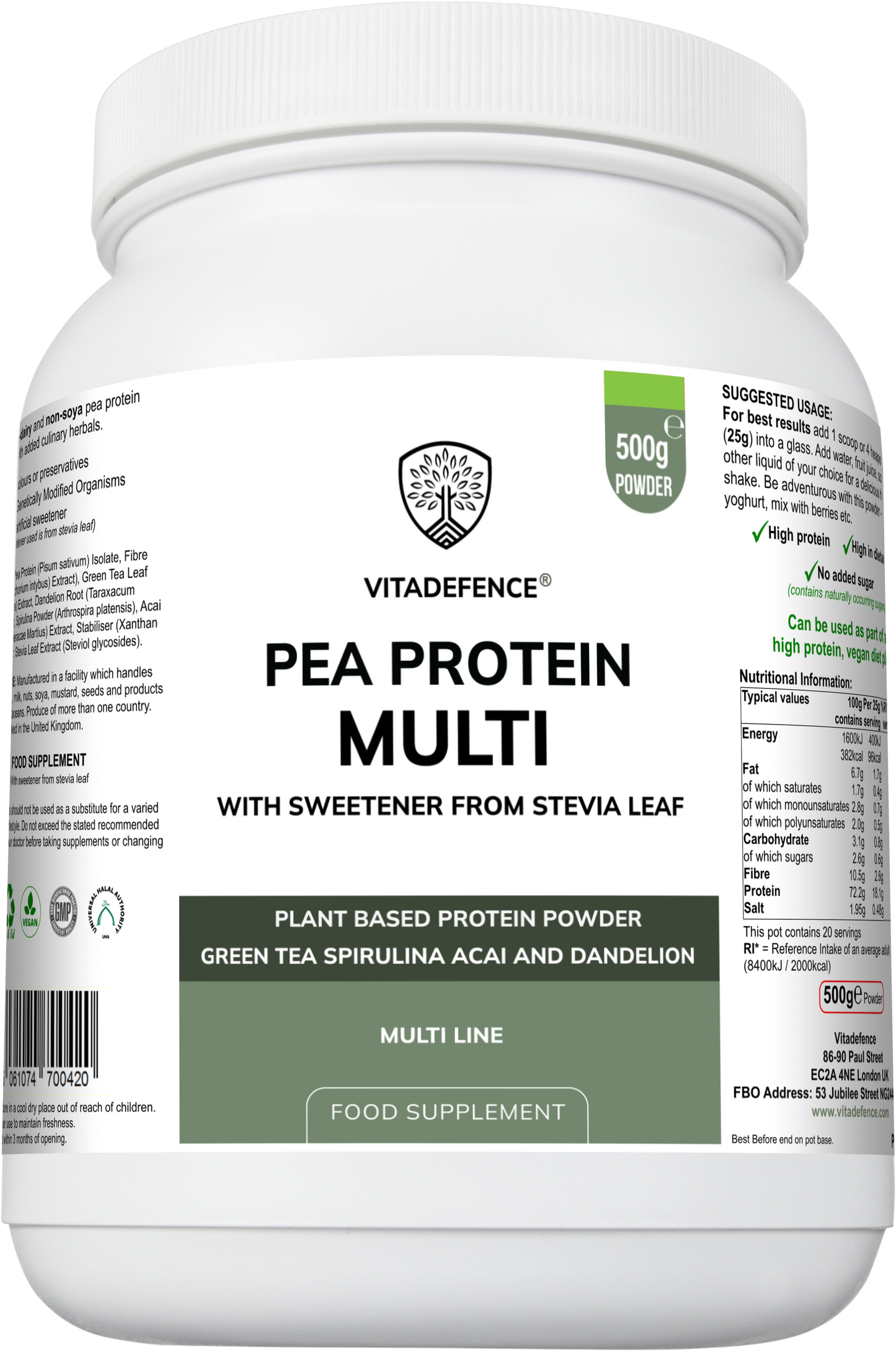 Vitadefence® Pea Protein Multi | Plant-Based Protein Powder with Green Tea, Spirulina, Açai & Dandelion – 500 g