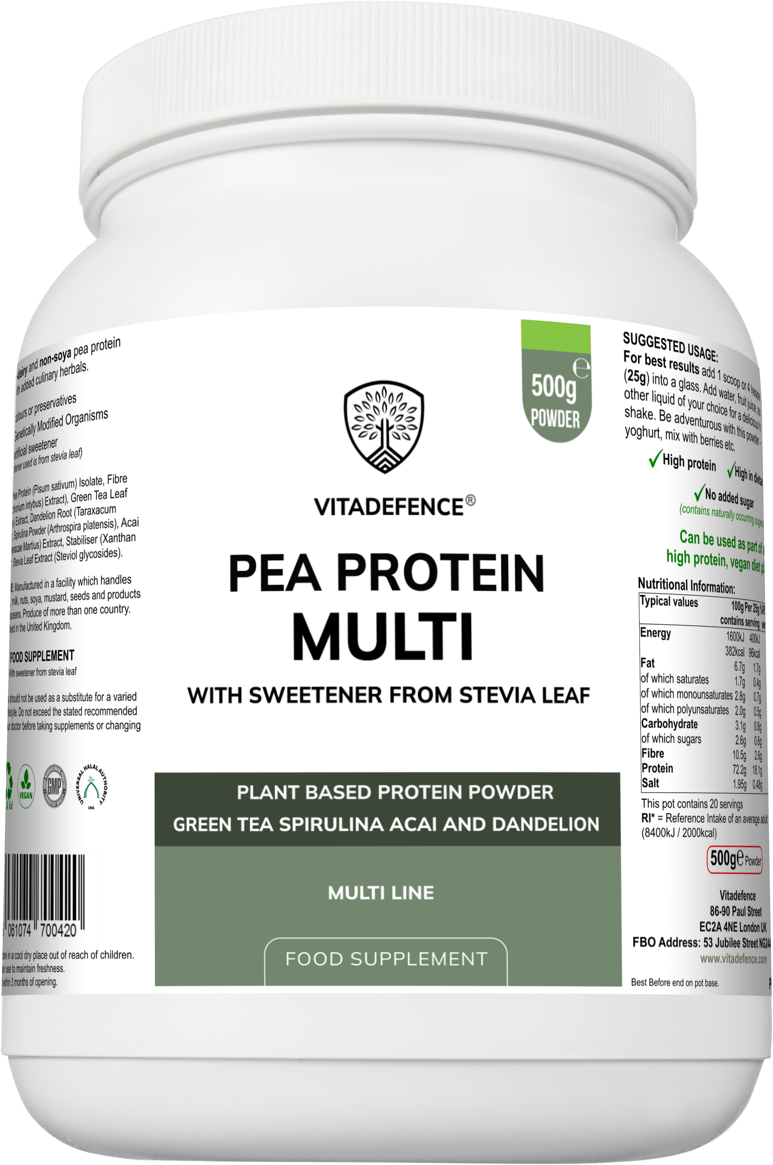 Pea Protein Multi – Plant-Based Protein Powder with Green Tea, Spirulina, Açai & Dandelion
