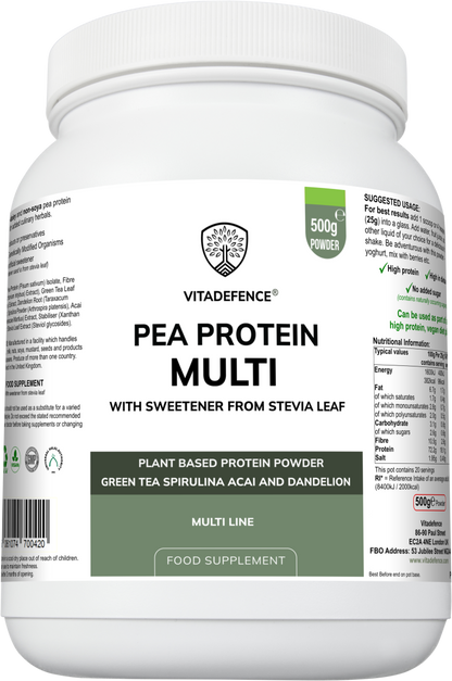 Vitadefence® Pea Protein Multi | Plant-Based Protein Powder with Green Tea, Spirulina, Açai & Dandelion – 500 g